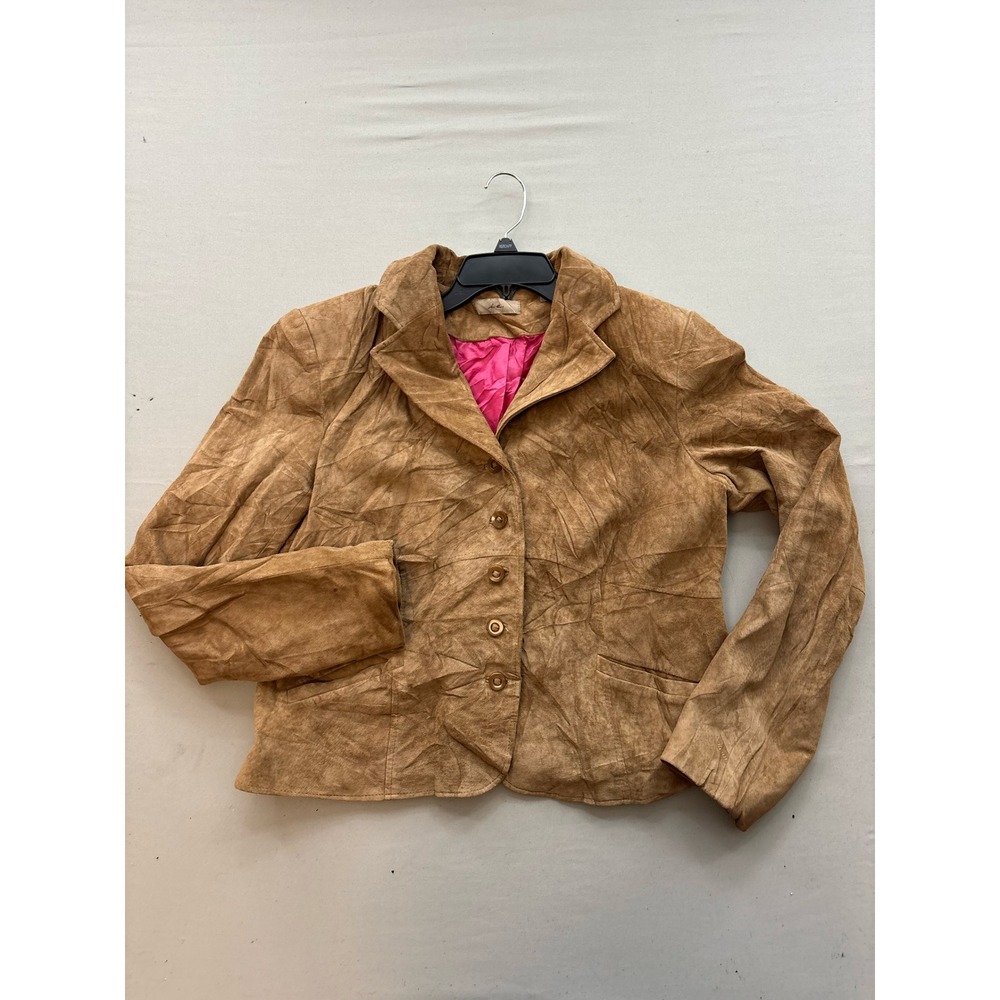 i.e. Womens Tan 100% Suede Leather Jacket Pink Lining Size Large